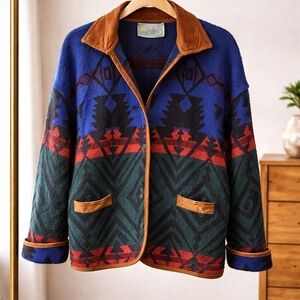 Vintage Jessie Southwestern Knit Blanket Jacket Suede Trim Made in Canada M